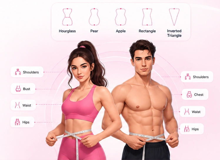 Body Type Calculator showing female and male body measurements and body shapes