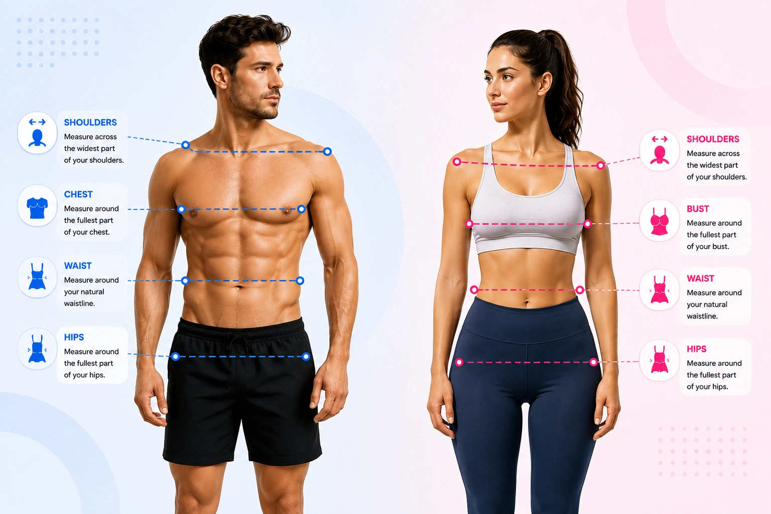 Body measurements guide showing shoulders chest bust waist and hips for men and women