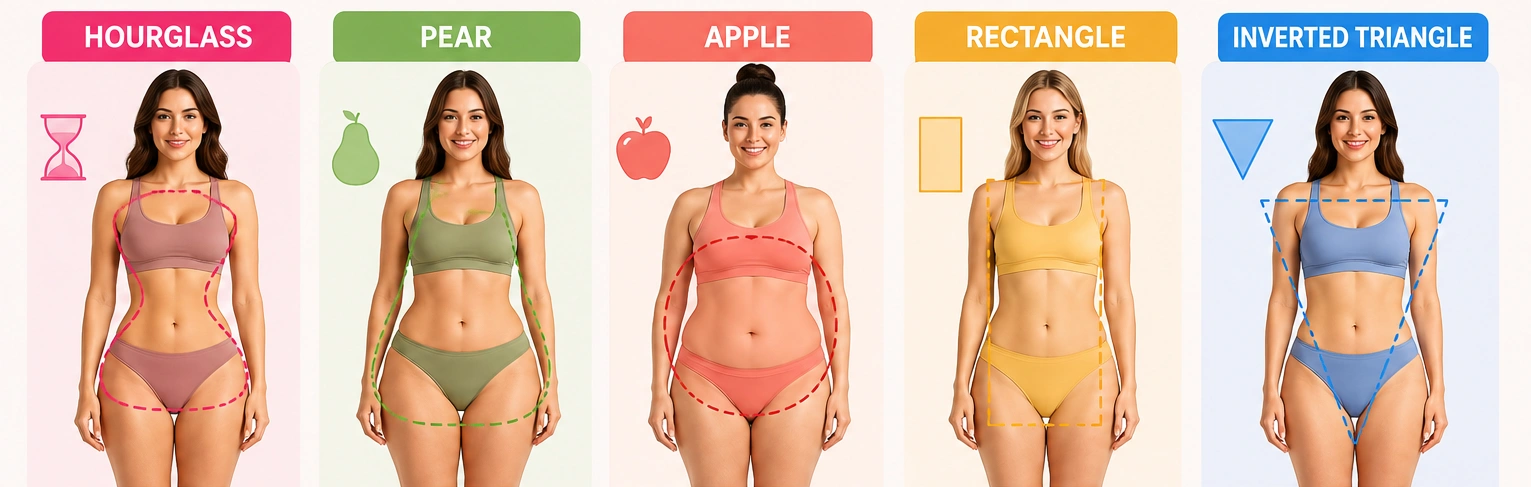 Female Body Types showing 5 common body shapes including hourglass pear apple rectangle and inverted triangle