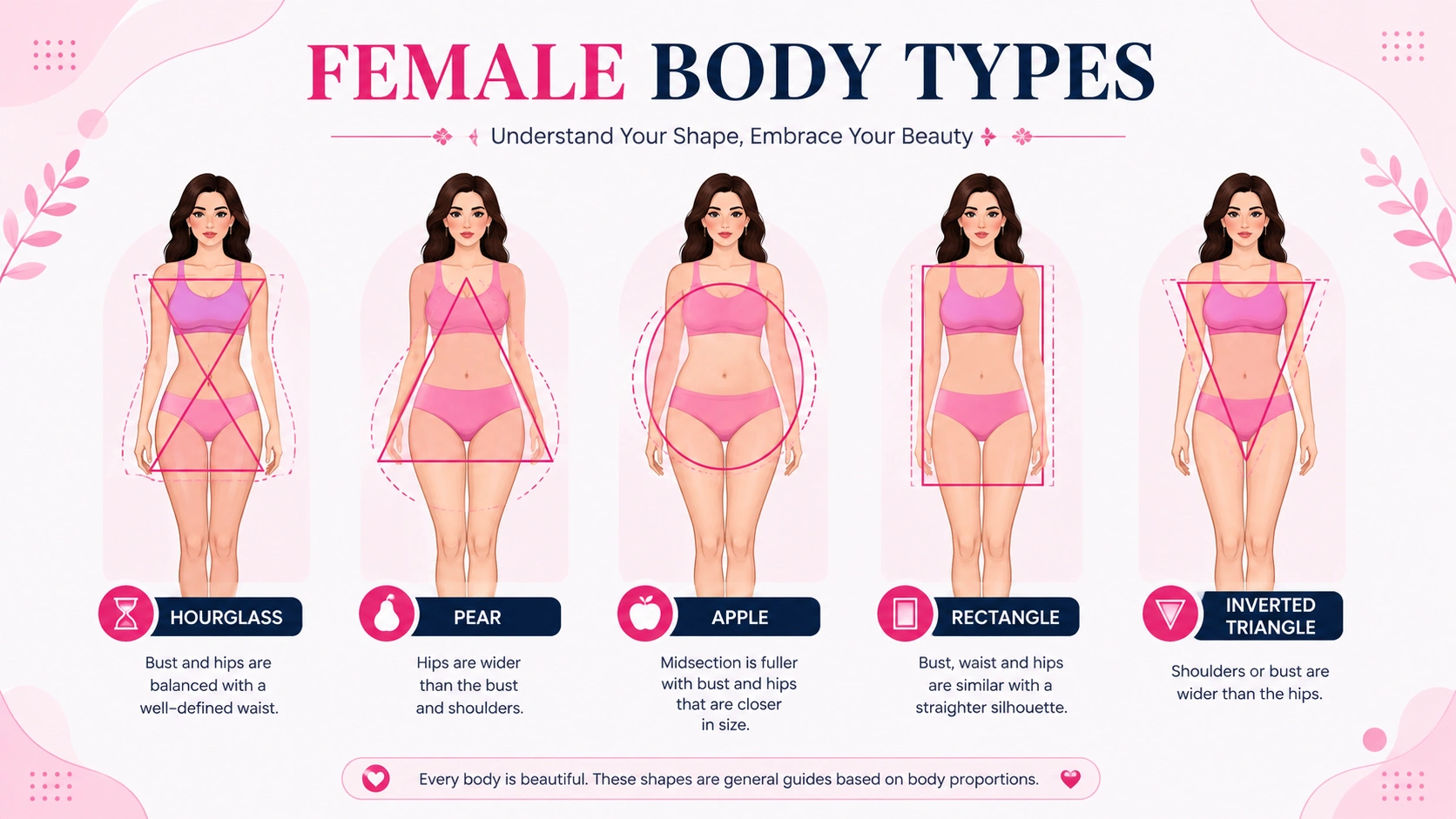 Female body types showing hourglass, pear, apple, rectangle and inverted triangle body shapes