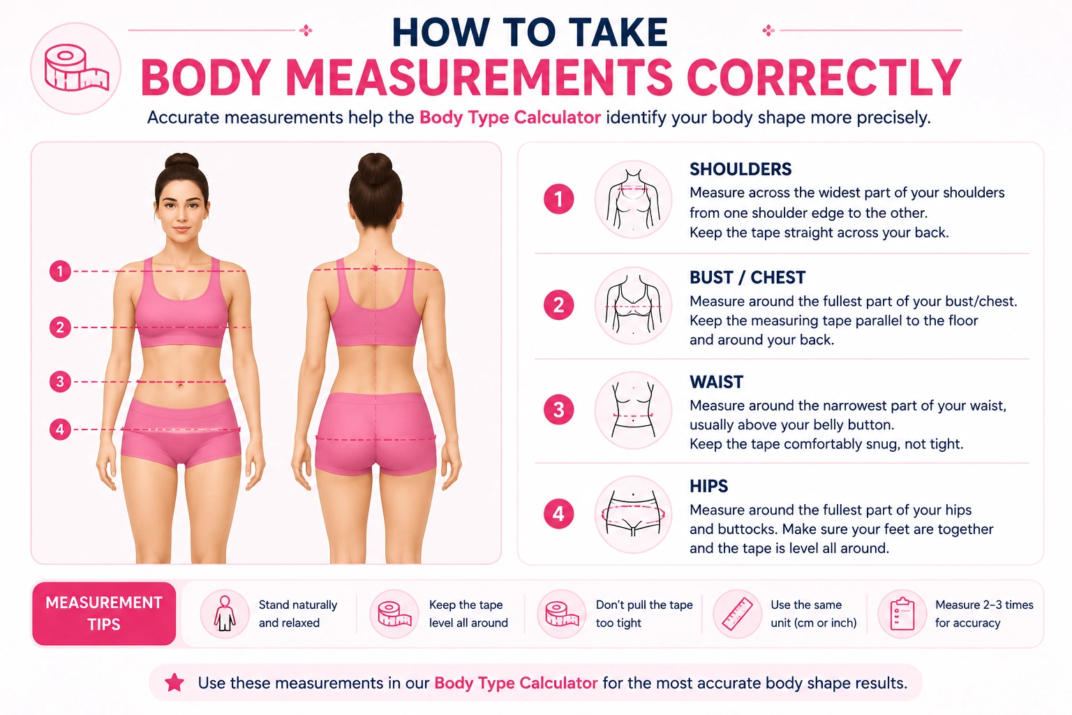 How to take body measurements for Body Type Calculator including shoulders bust waist and hips