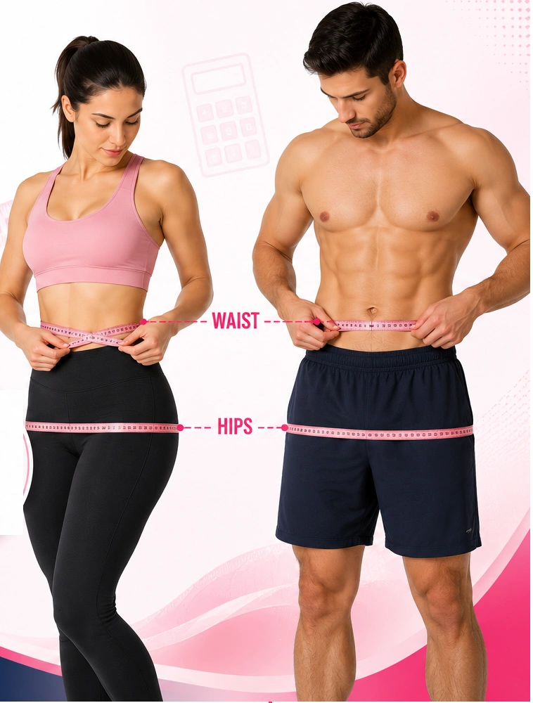 Waist to Hip Ratio Calculator showing waist and hip measurements for women and men