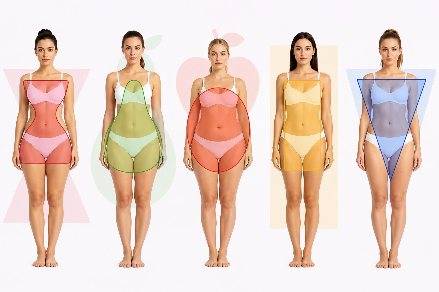 What Body Shape Am I guide showing five common female body shapes
